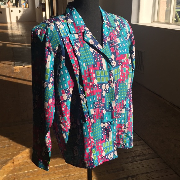 Jewel tone, geometric shape, button-down blouse - Picture 3 of 5